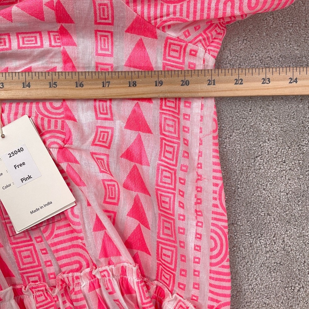 Sumitra‎ Dress Women OSFA Neon Pink Geometric Peasant Boho Tier Resort Kaftan - Picture 9 of 14